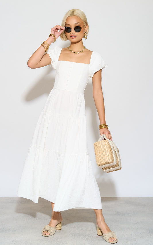 Offwhite Textured Tiered Midi Dress