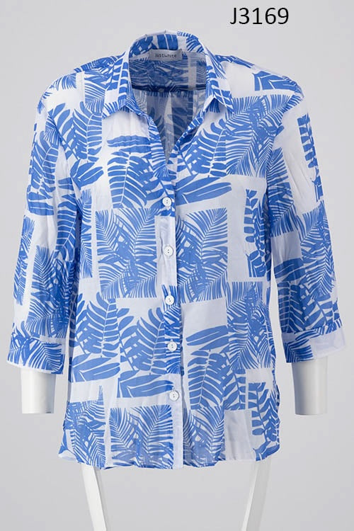 Blue Tropical Leaf Print Shirt J3169