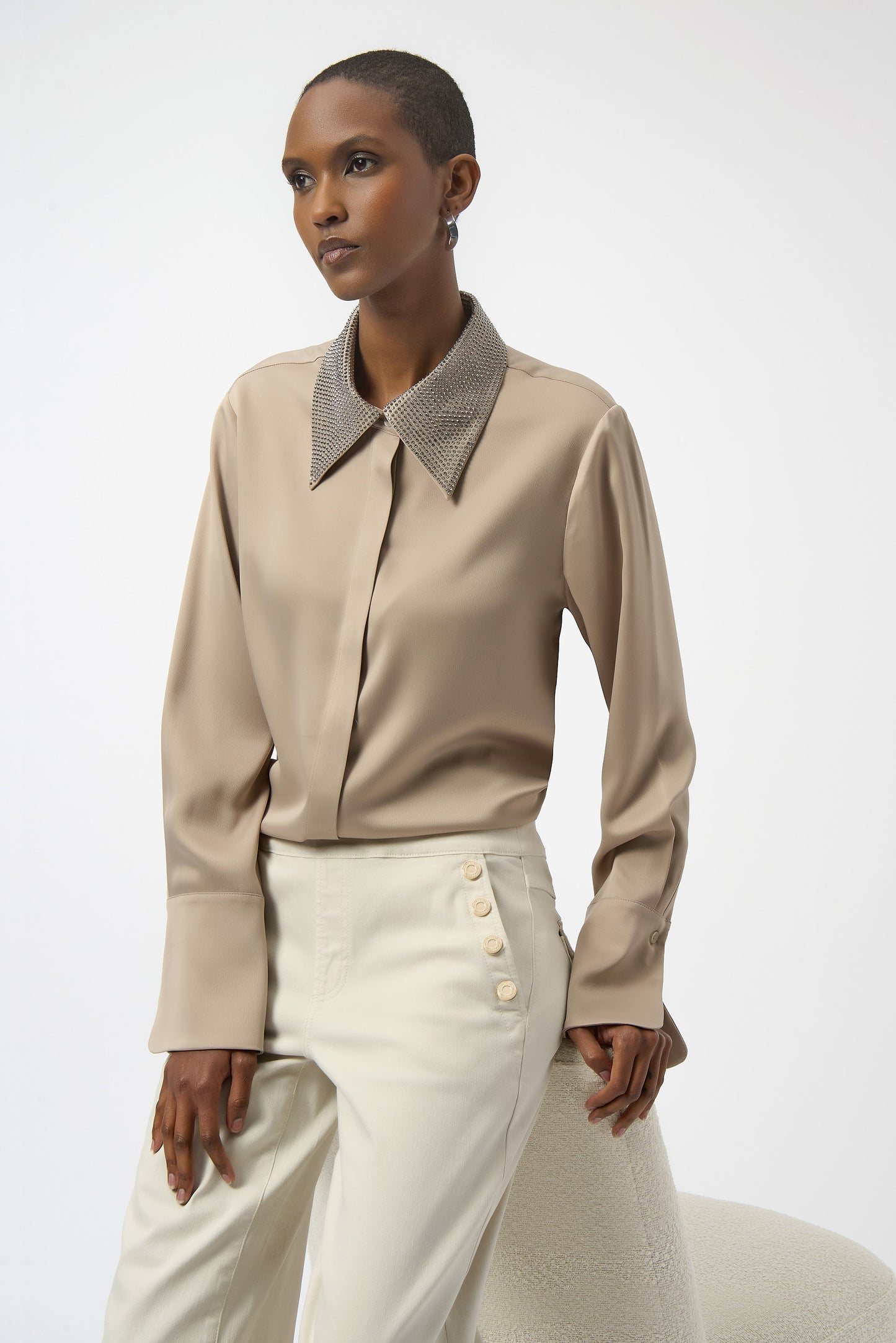 Button Front Blouse with Embellished Collar