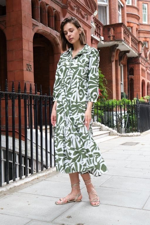 Khaki Abstract 100% Cotton Midi Dress