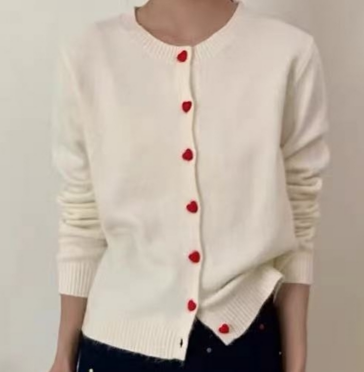 Heart-Button Cream Knit Cardigan