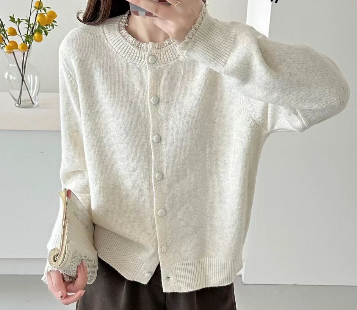 Lace Trimmed Cardigan in Cream