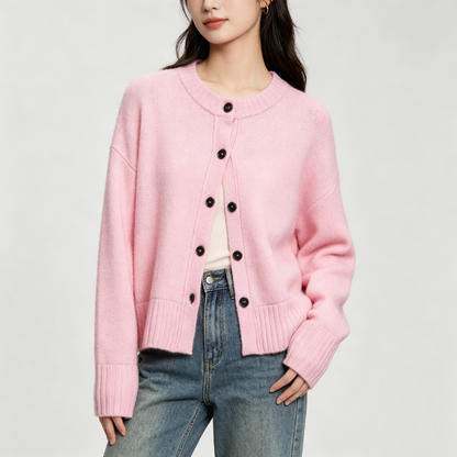 Pink Ribbed Collar Cardigan