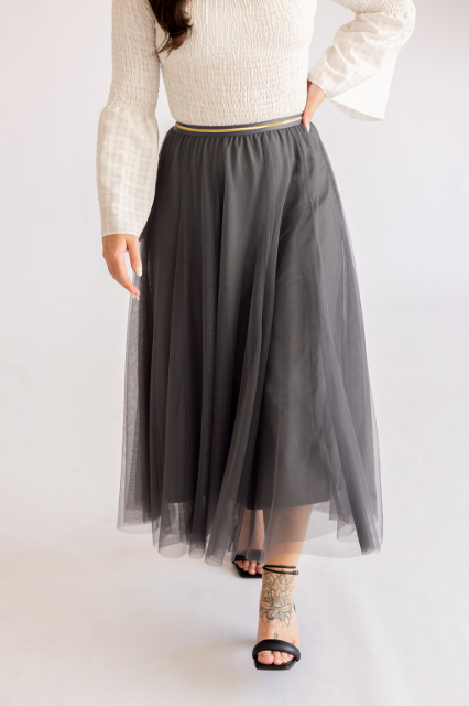 Charcoal Grey Tulle Midi Skirt