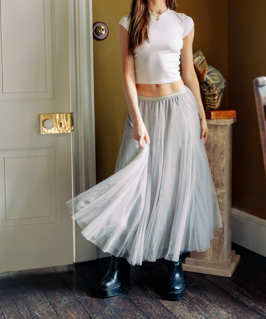 Light Grey Tulle Midi Skirt