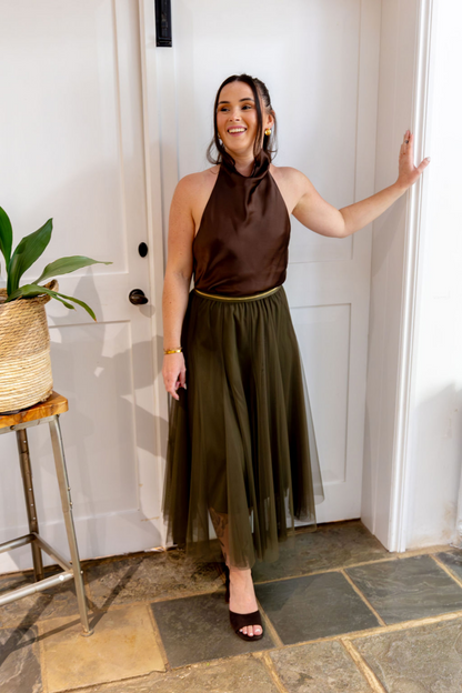Olive Tulle Midi Skirt