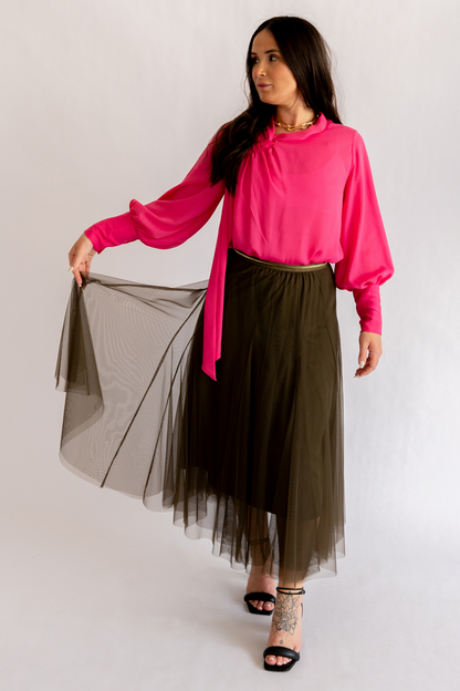 Olive Tulle Midi Skirt