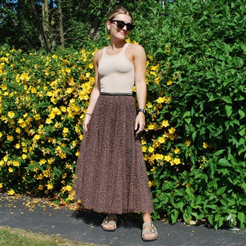 Light Brown Leopard Print Tulle Midi Skirt