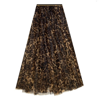 Dark Brown Leopard Print Tulle Midi Skirt