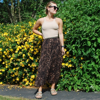 Dark Brown Leopard Print Tulle Midi Skirt