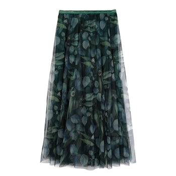 Leaf Printed Tulle Midi Skirt