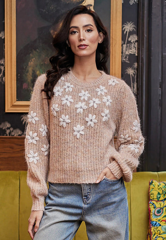 Beige Jumper with White Embroidered Flowers