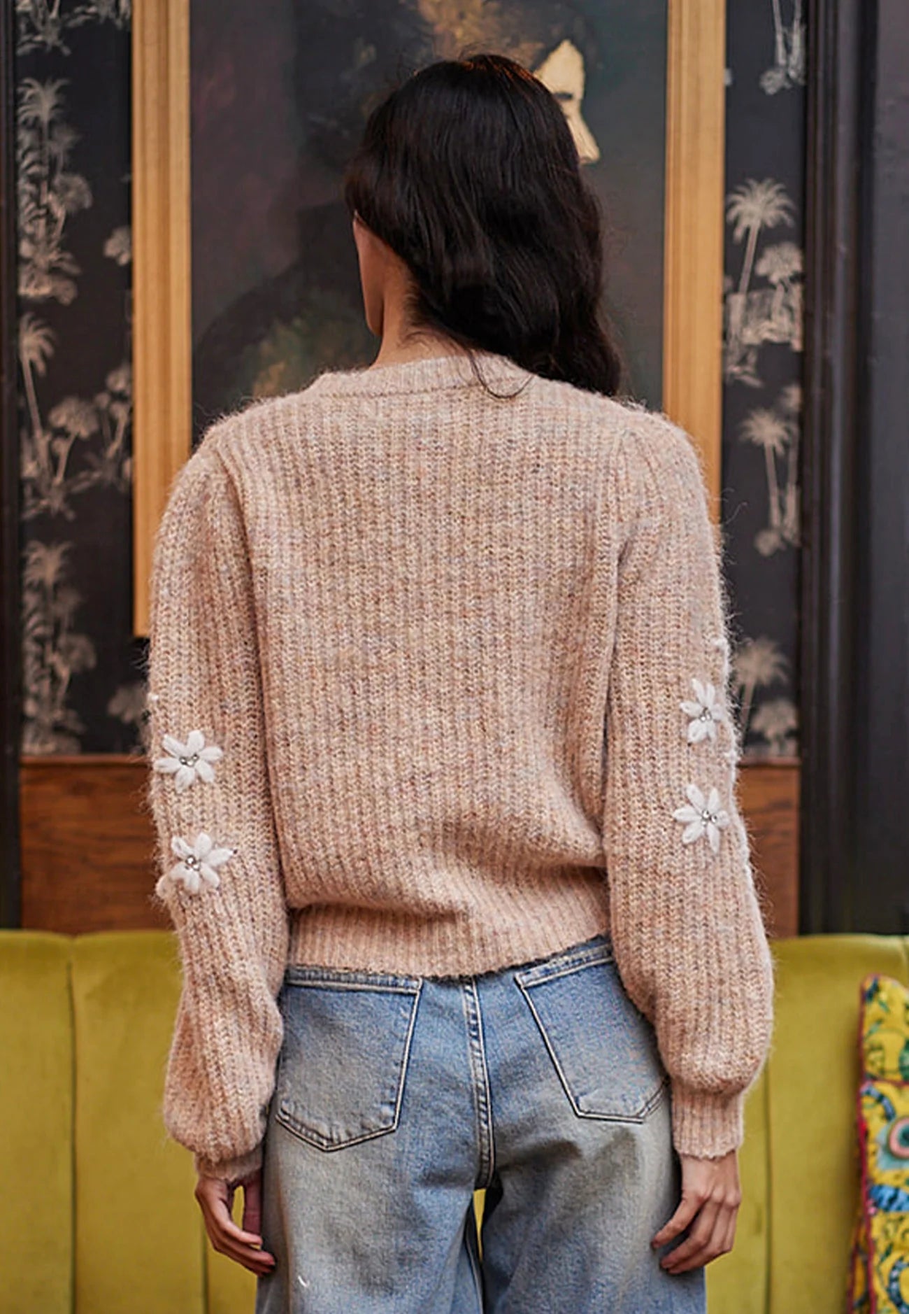 Beige Jumper with White Embroidered Flowers