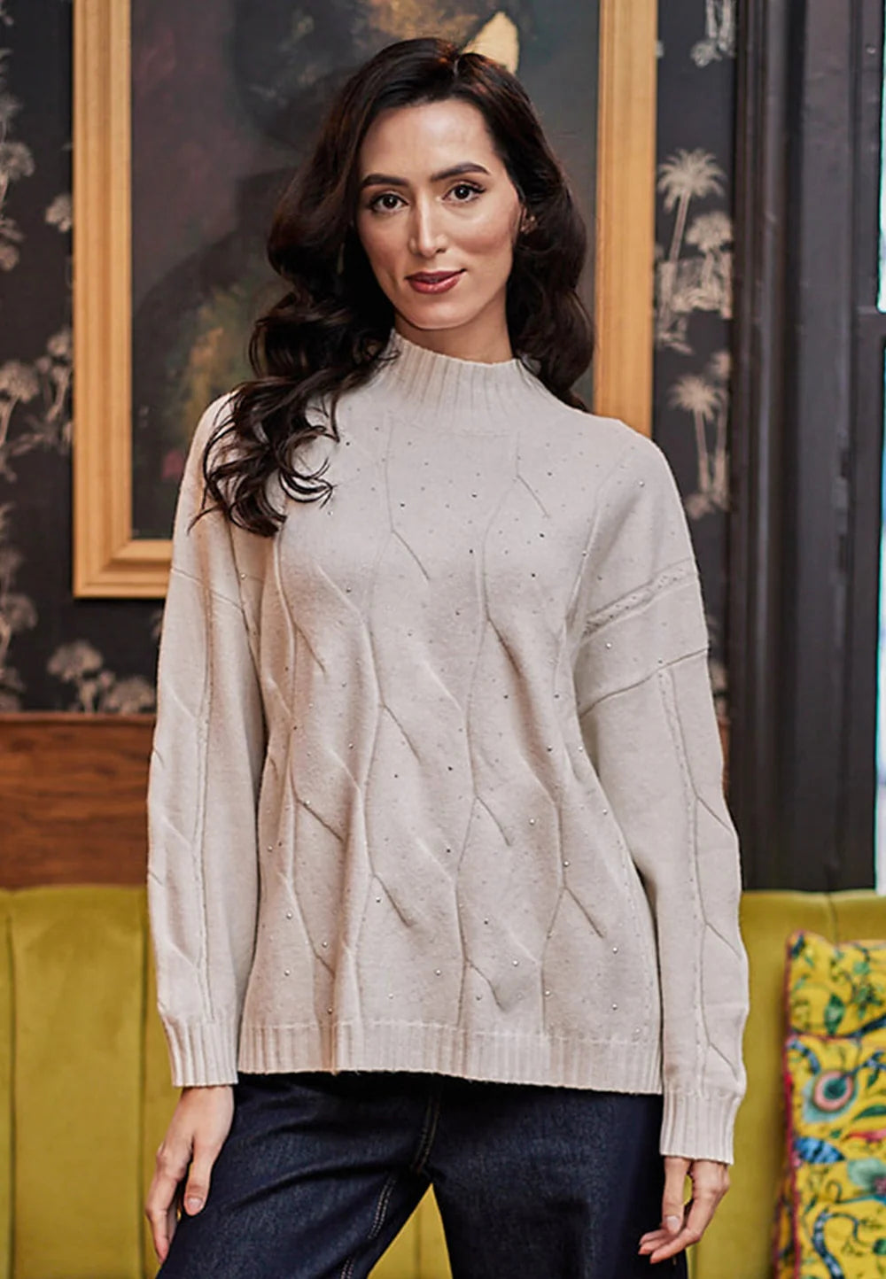 Cable Knit Embellished Jumper in Cream