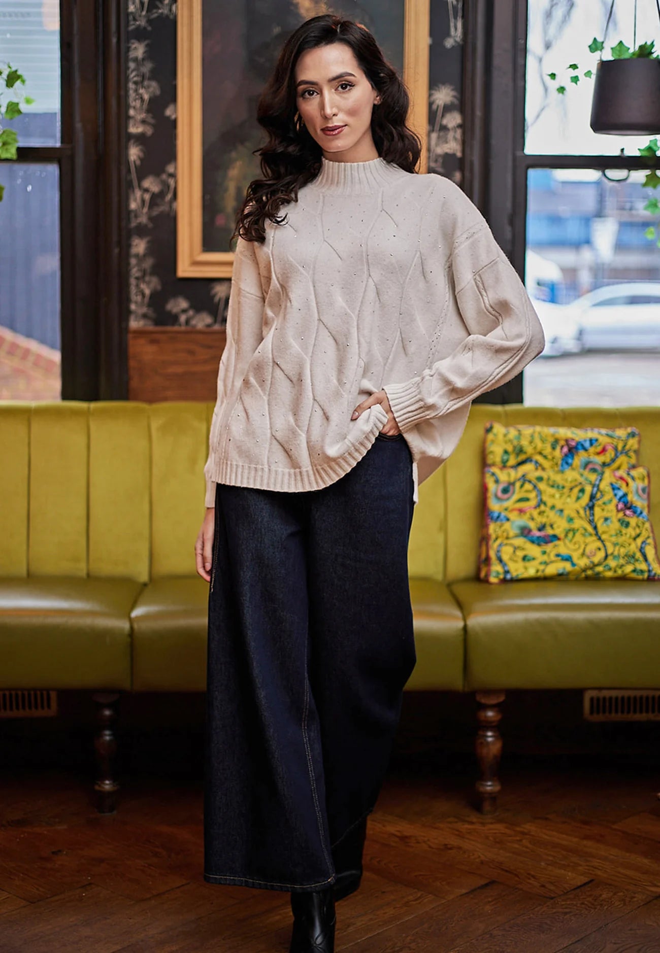 Cable Knit Embellished Jumper in Cream