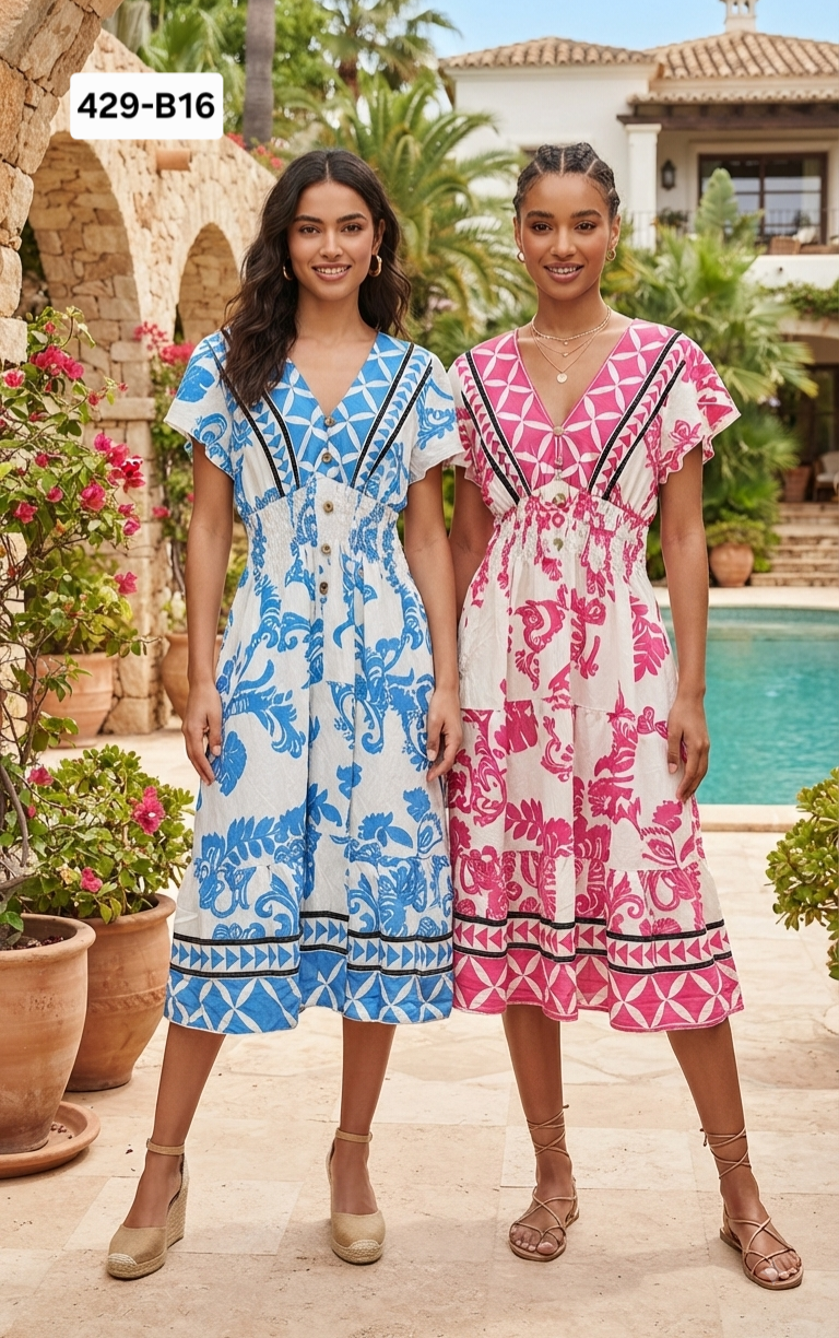 Majolica Midi Smocked Dress with  Pockets