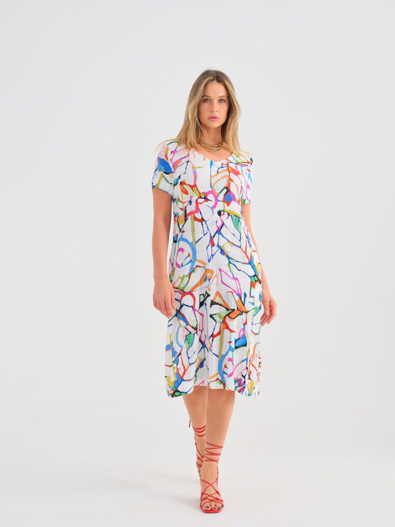 Short Sleeve Abstract Print Midi Dress 25647