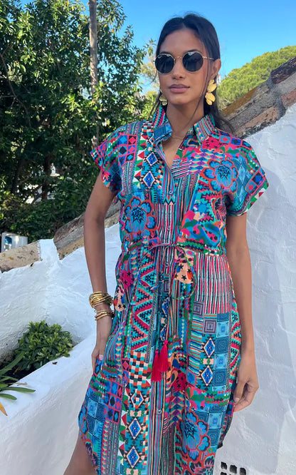 Midi Shirt Dress In Aztec Abstract Print