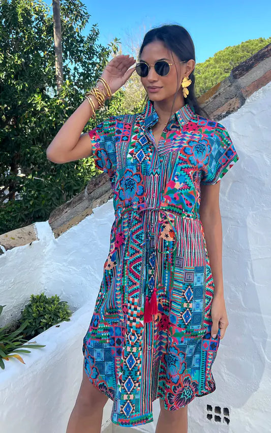 Midi Shirt Dress In Aztec Abstract Print