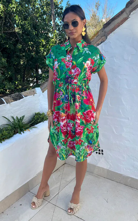 Midi Shirt Dress In Premium Green Floral Print
