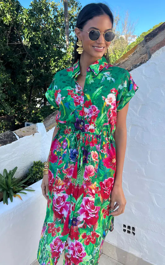 Midi Shirt Dress In Premium Green Floral Print