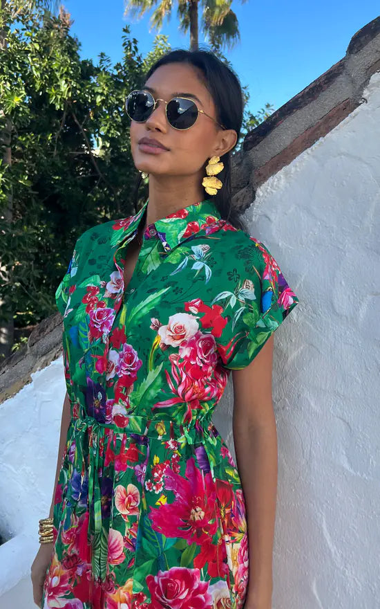 Midi Shirt Dress In Premium Green Floral Print