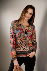 Floral & Leopard Print Merino Wool V Neck Jumper P559