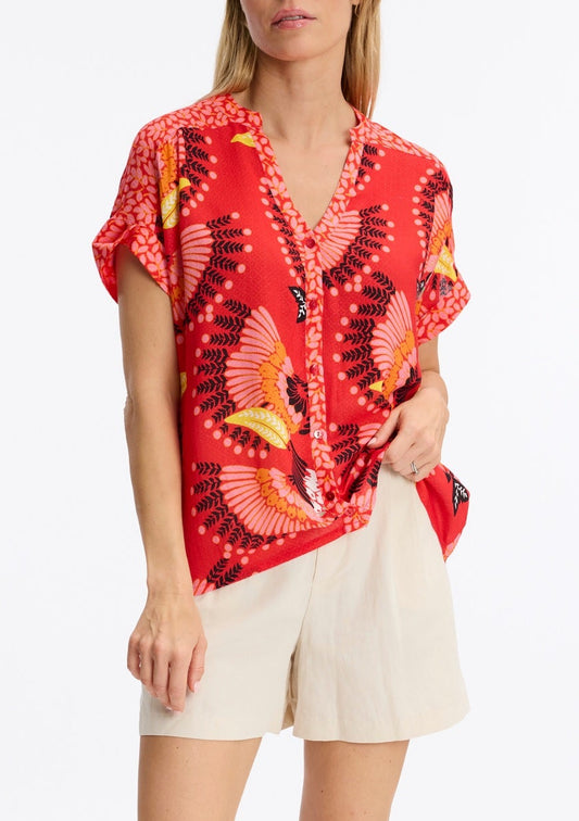 Leo & Ugo Red Palm and Floral Print Top
