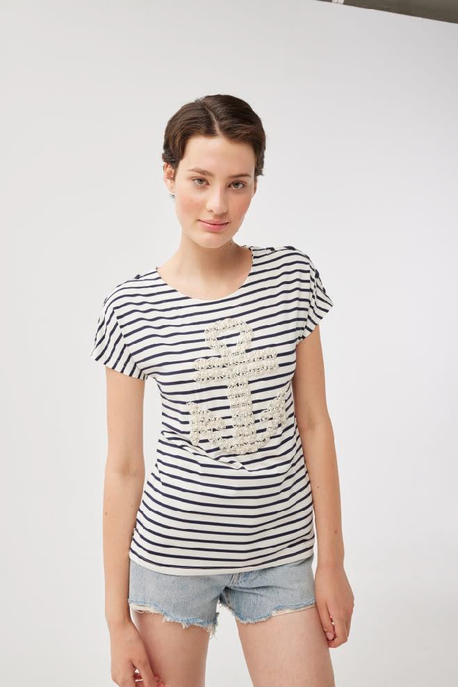 Navy Stripe Embellished Anchor T-shirt TEV477