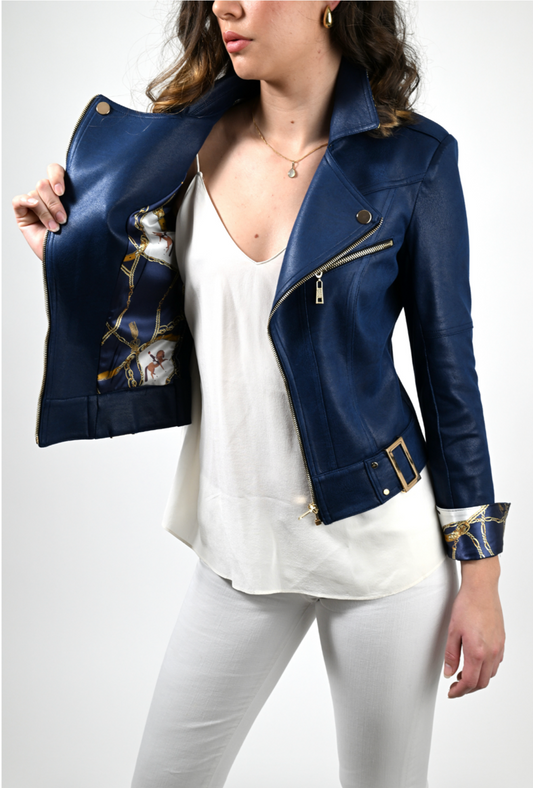 Navy Faux Leather Moto Jacket