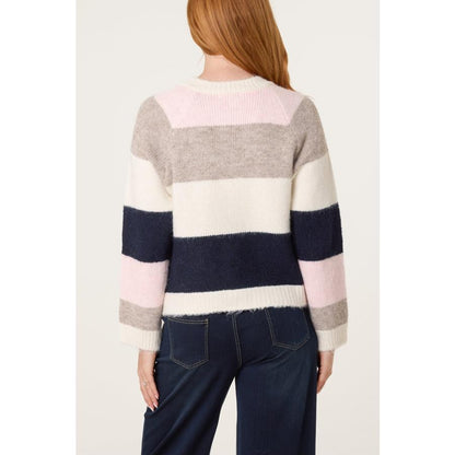 Retro Flower-Button Striped Knit Cardigan
