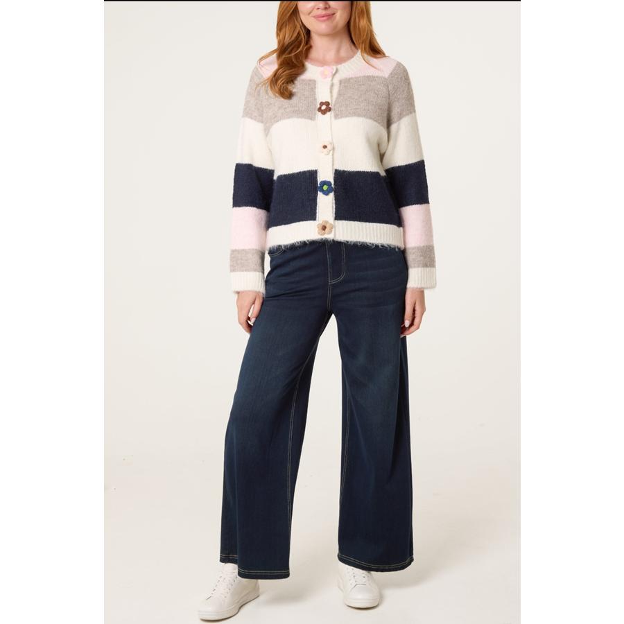 Retro Flower-Button Striped Knit Cardigan
