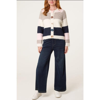 Retro Flower-Button Striped Knit Cardigan