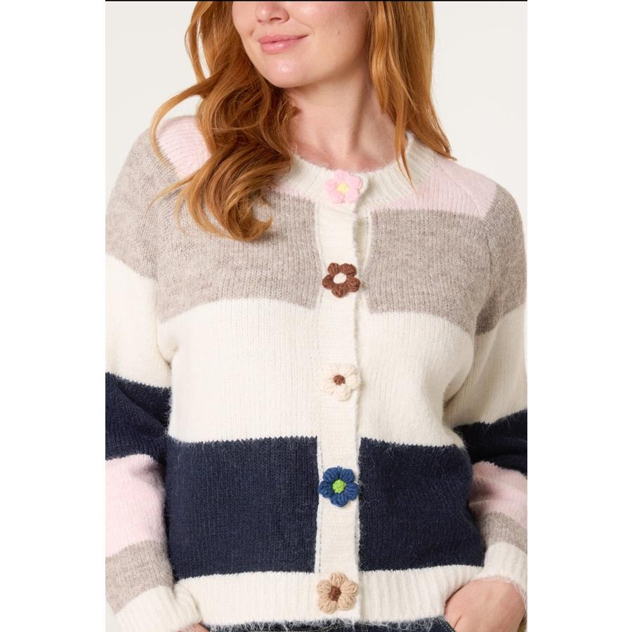 Retro Flower-Button Striped Knit Cardigan
