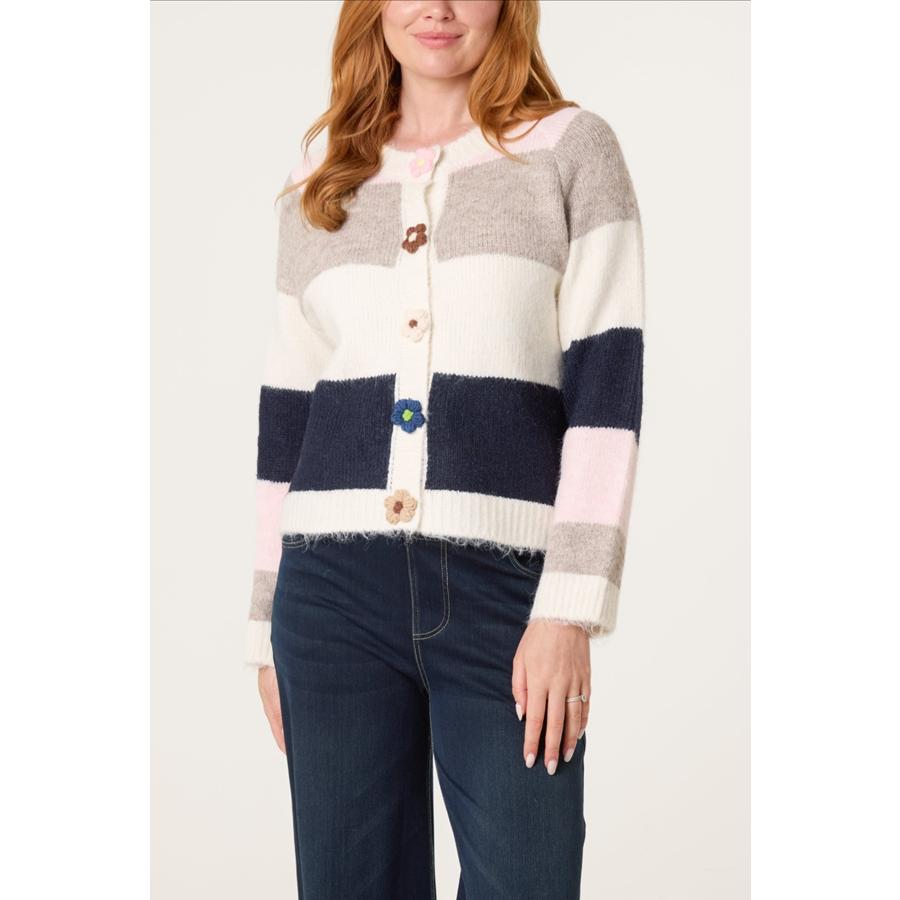 Retro Flower-Button Striped Knit Cardigan
