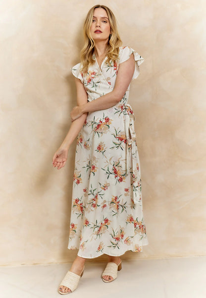 Wrap Maxi Dress in White Floral Print