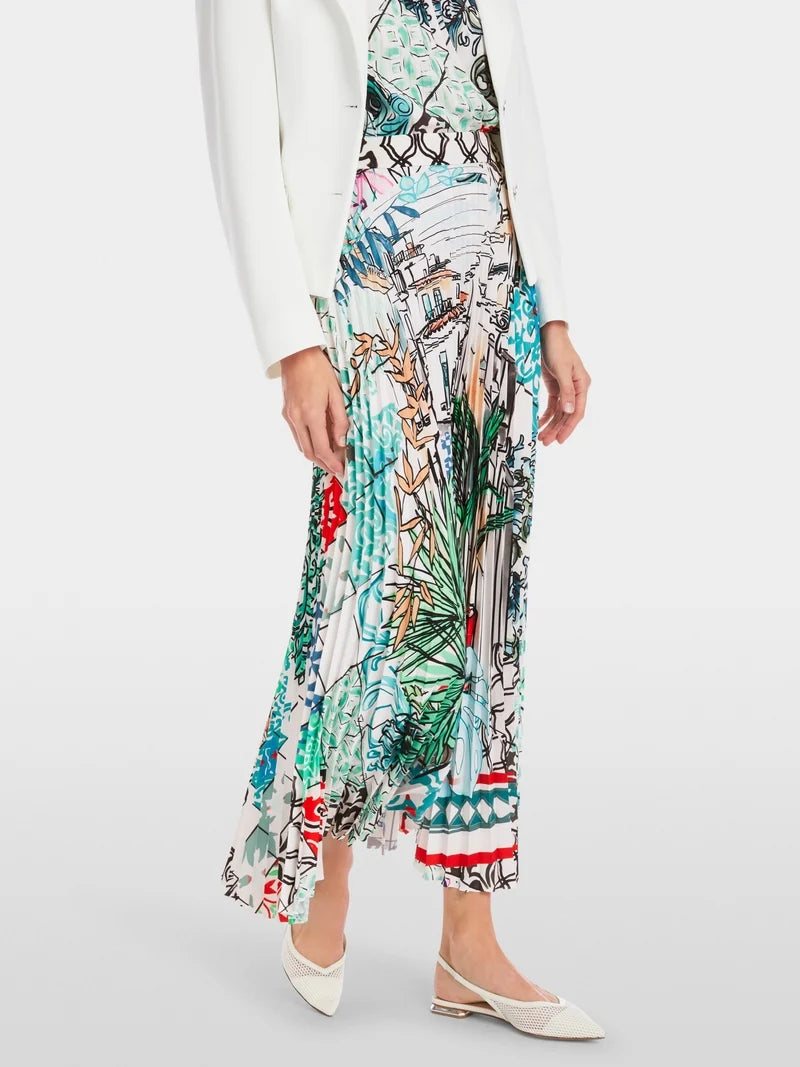 Marc Cain Postcard Print Pleated Midi Skirt YC7129W76