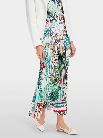 Marc Cain Postcard Print Pleated Midi Skirt YC7129W76