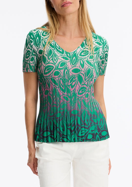 Green Multi-Tonal Pattern Pleated Top