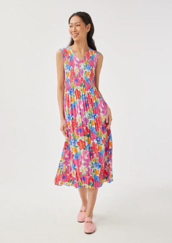 Floral Non-Iron Pleated Midi Dress-YER355