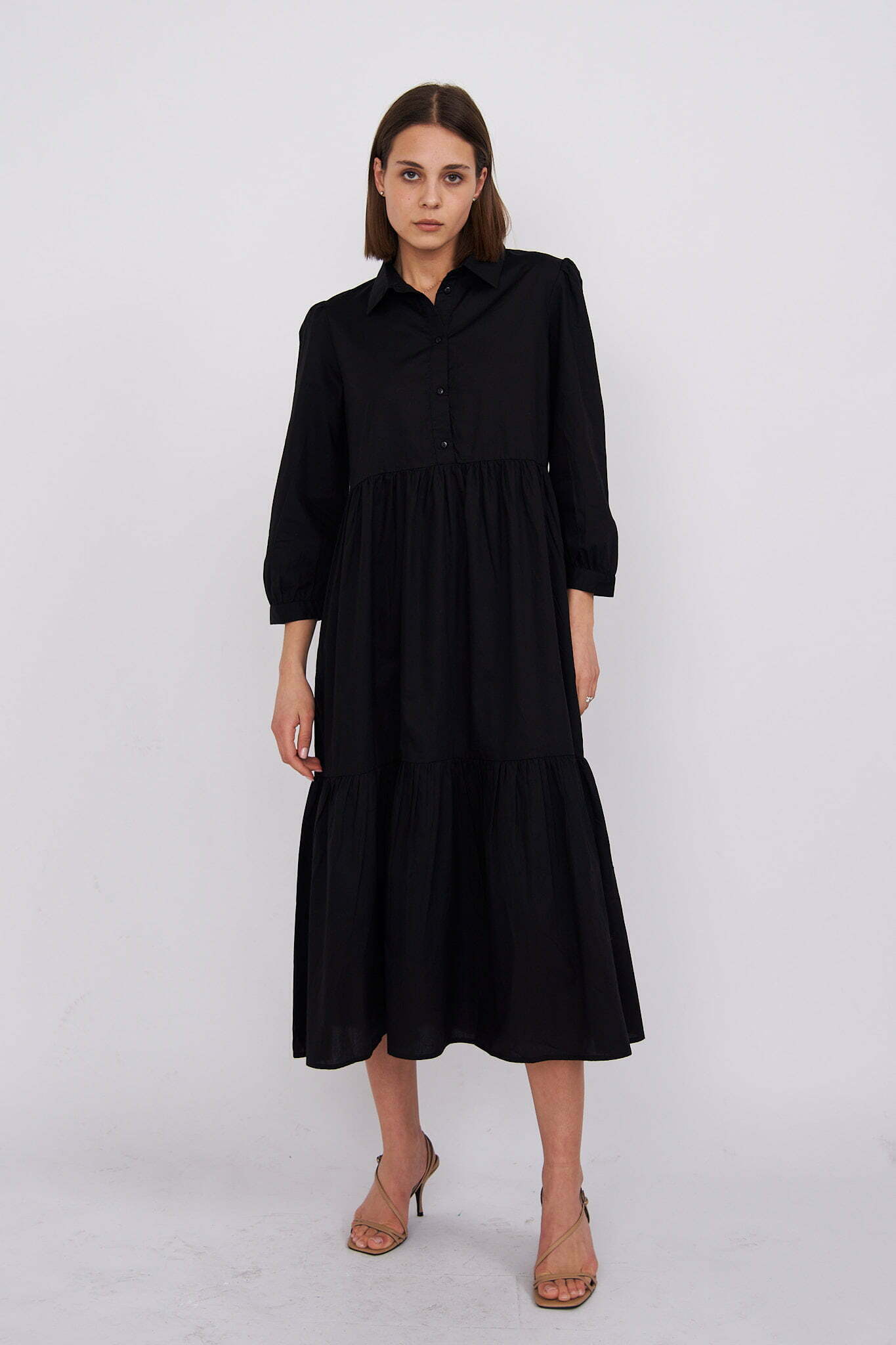 Black Chiara Tiered Cotton Midi Dress