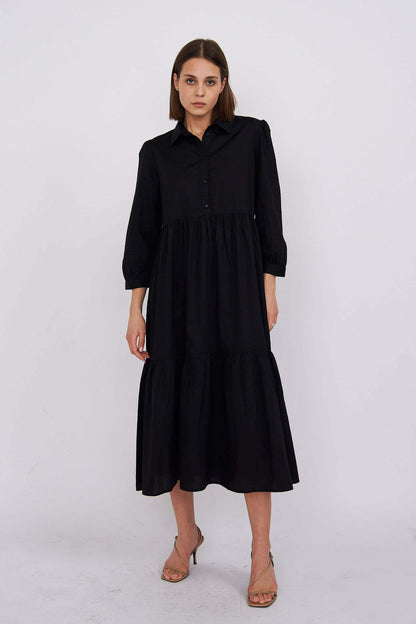 Black Chiara Tiered Cotton Midi Dress