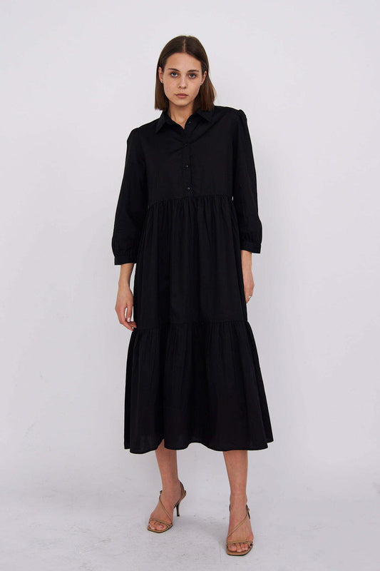 Black Chiara Tiered Cotton Midi Dress
