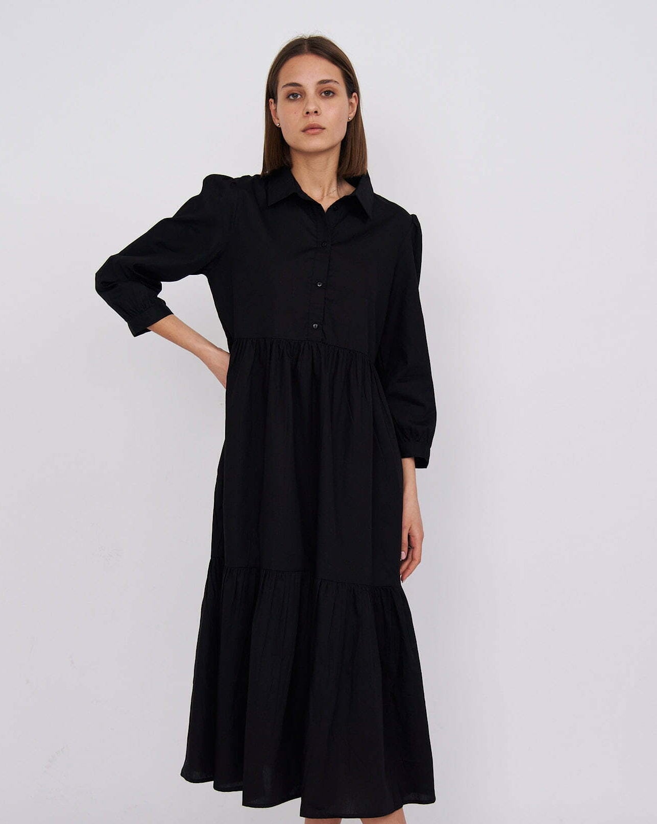 Black Chiara Tiered Cotton Midi Dress