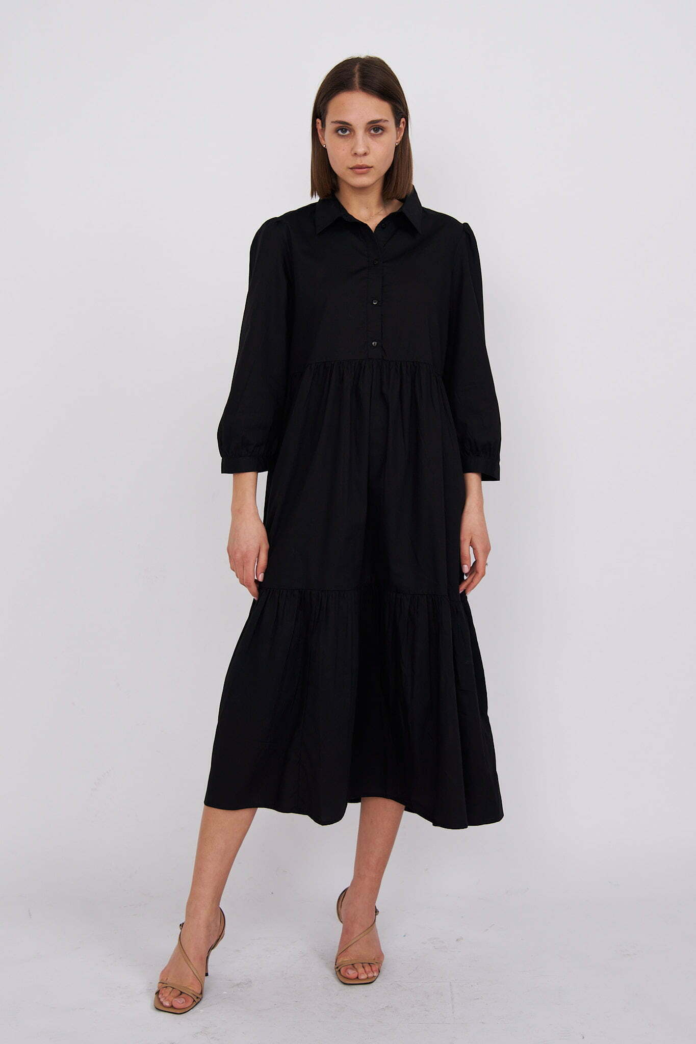 Black Chiara Tiered Cotton Midi Dress
