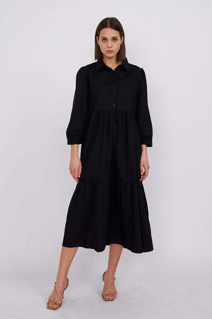 Black Chiara Tiered Cotton Midi Dress