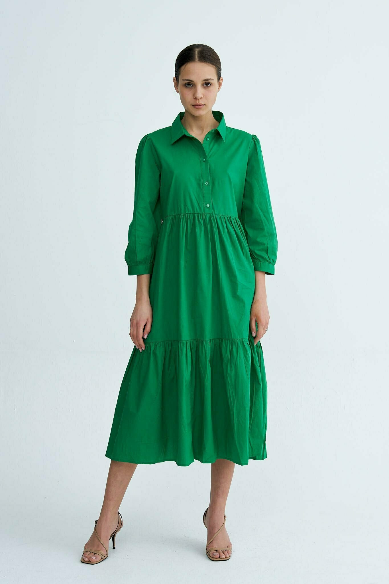 Green Chiara Tiered Cotton Midi Dress