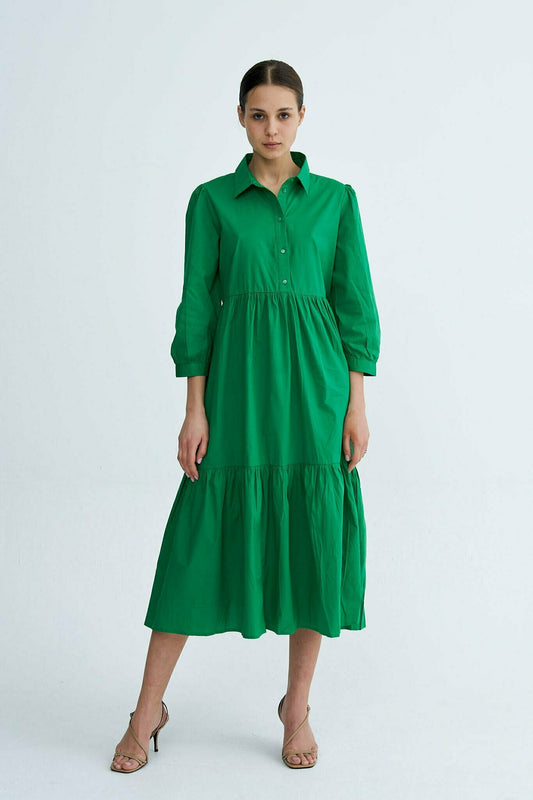 Green Chiara Tiered Cotton Midi Dress