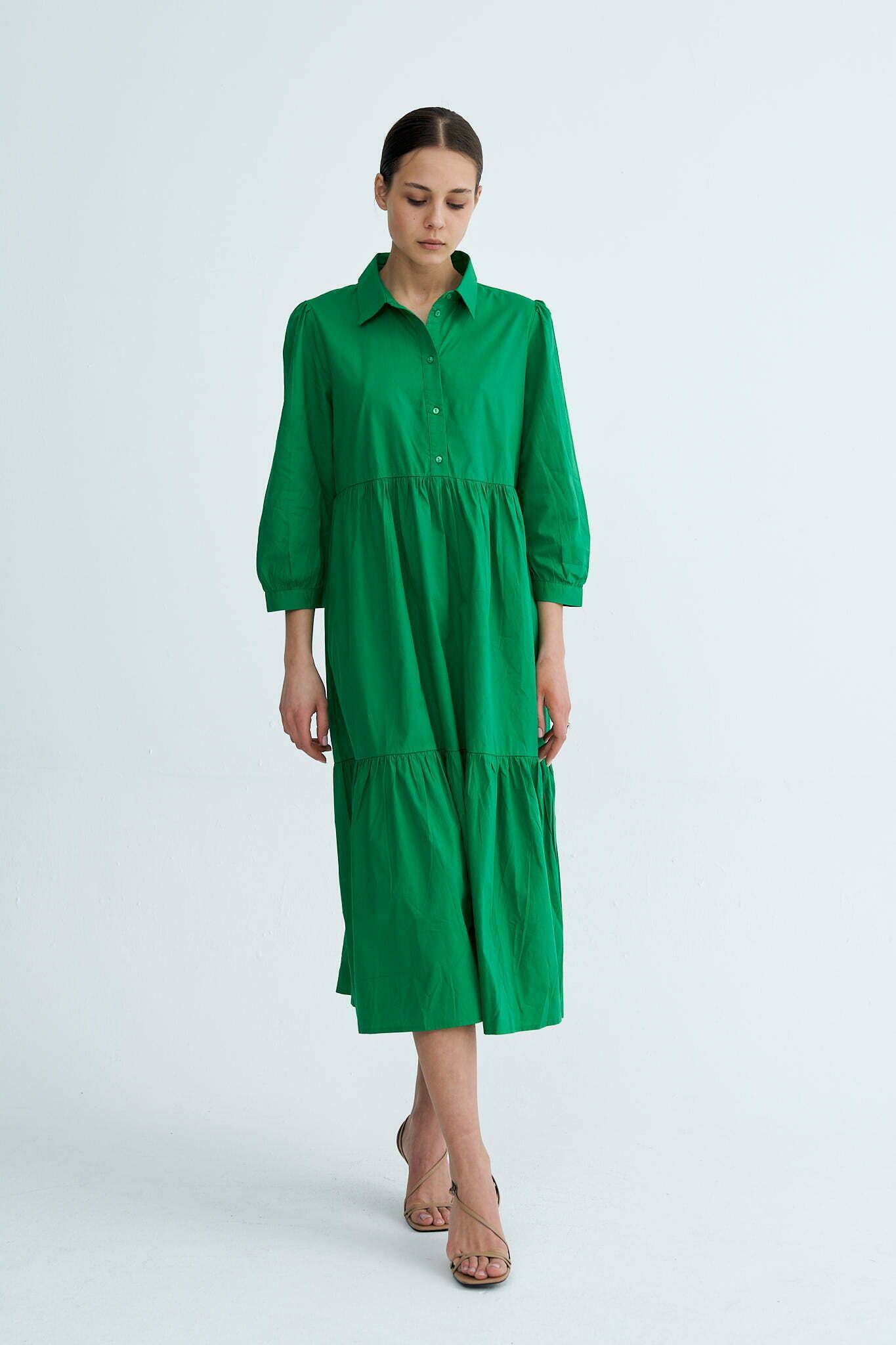 Green Chiara Tiered Cotton Midi Dress