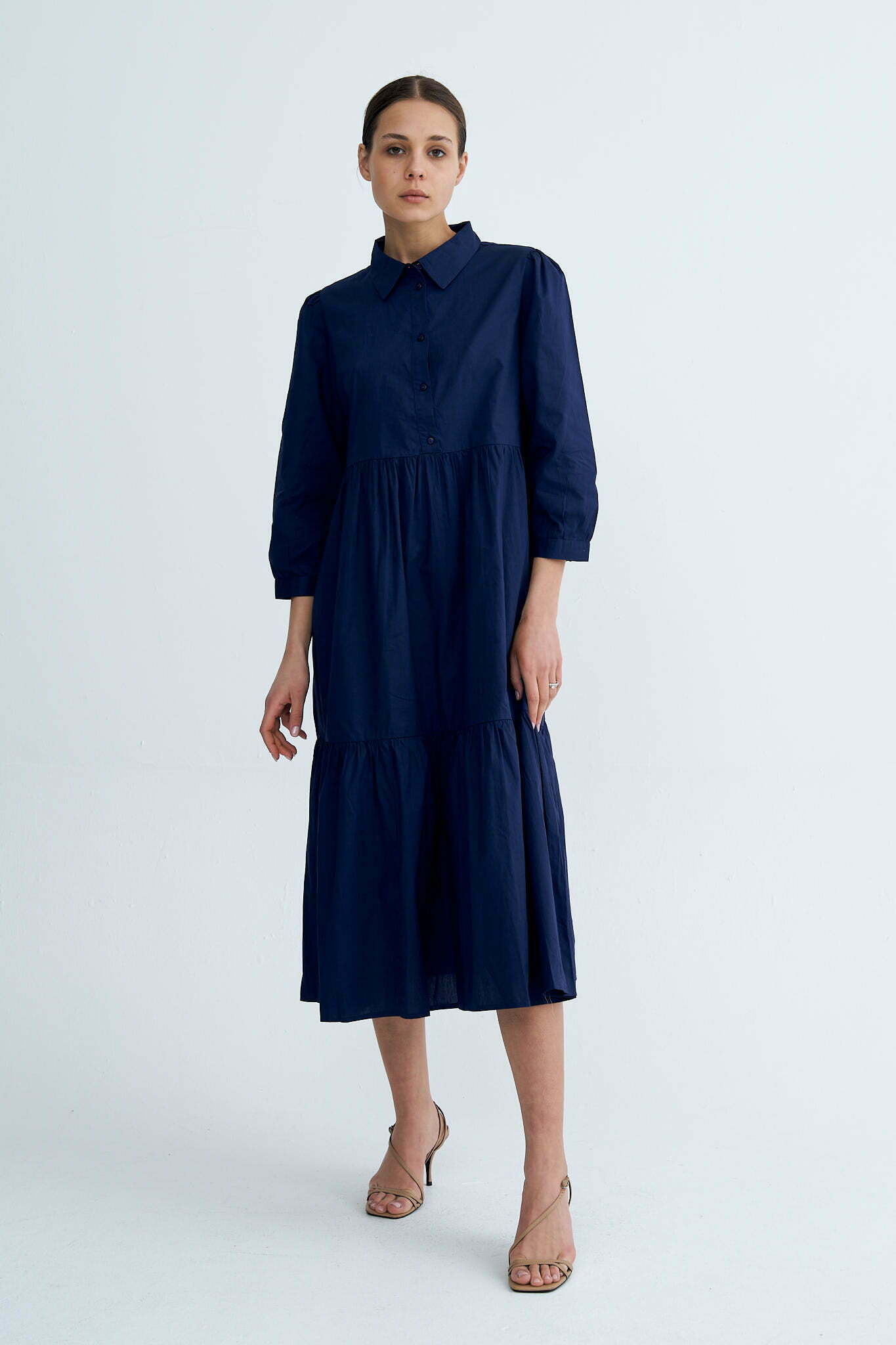 Navy Chiara Tiered Cotton Midi Dress